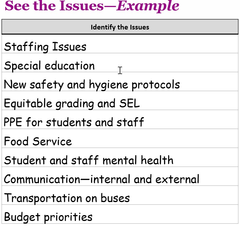 A list of issues that you face as we go back to school: budget, staffing, health, safety, etc.